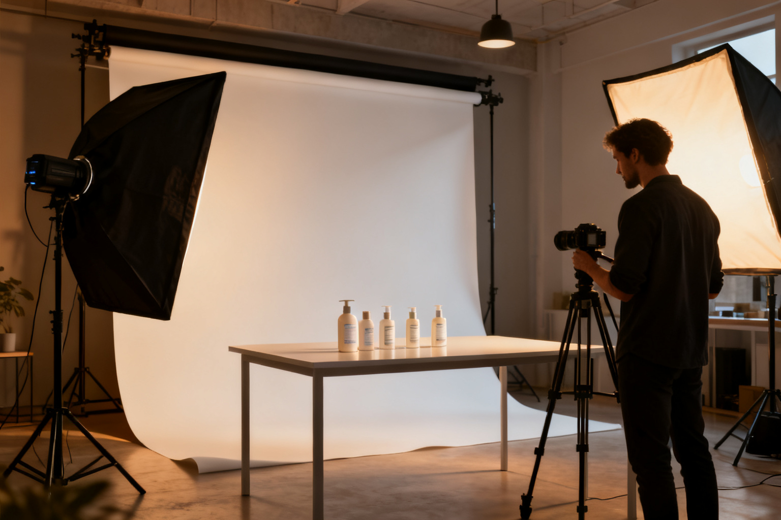 Product photography studio with softboxes and a camera